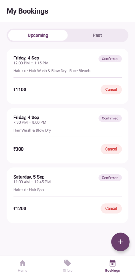 Upcoming and past customer appointments