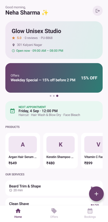 Kresona customer home screen with salon services and offers
