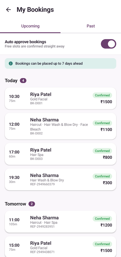 Bookings organised by day with client and service details