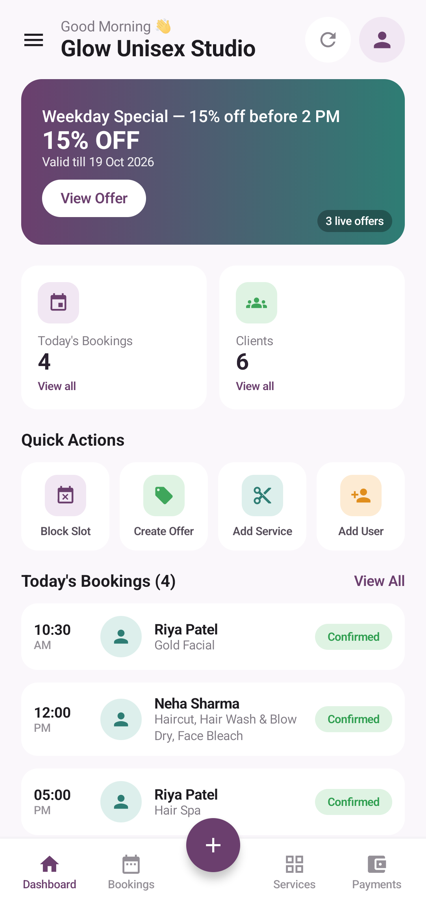Kresona Partner dashboard showing the salon’s bookings and daily overview